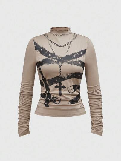 Grunge Punk Women's Wasteland PUNK Style Turtleneck Long Sleeve Pleated Print Blouse