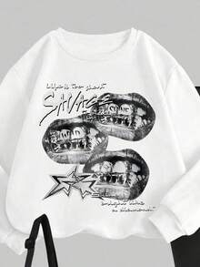 Slaydiva 2025 Fall Winter Clothes, 2-Piece Y2k Streetwear Back To School Going Out Set, Casual Loose Lip Rhinestone Print Crew Neck Sweatshirt And Tight Leggings, Concert Outfit - Multicolor - View 3