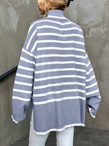 EURMUSE High Neck Drop Shoulder Striped Pattern Sweater - Dusty Blue - View 2
