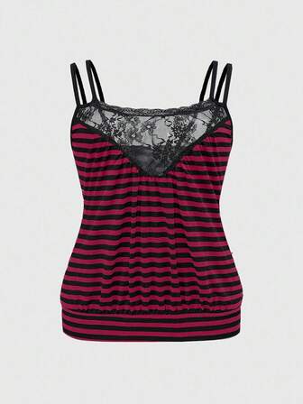 Grunge Punk Canotta oversize in stile Y2K retrò con scollo a V profondo, bordo in pizzo a contrasto e righe, adatta per festival musicali