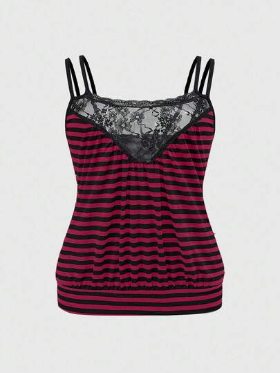 Grunge Punk Canotta oversize in stile Y2K retrò con scollo a V profondo, bordo in pizzo a contrasto e righe, adatta per festival musicali