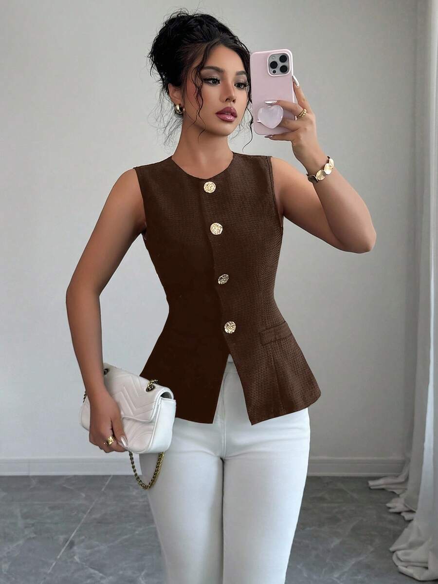 Selianne Fashionable Sleeveless Waist Cinched Black Jacket With Gold Button Decor, Versatile For Daily Wear, Spring/Summer - Brown - View 1