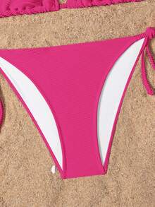 SHEIN Swim 2025 女款夏季海灘素色掛脖綁帶性感比基尼泳衣套裝 - 玫紅色 - 查看 5