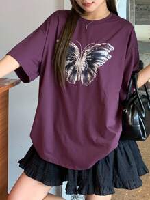 DAZY Autumn/Winter New Loose Casual Butterfly Print Round Neck Women T-Shirt