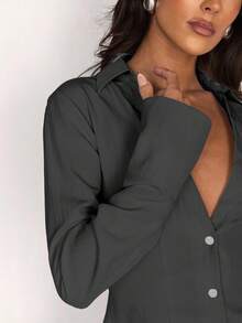 SHEIN Glamour 女式长袖修身V领衬衫秋季女装返校季 - 深灰色 - 查看 7