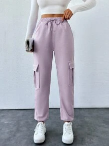 Cloudara Women's Fashionable Solid Color Jogger Pants With Pockets And Drawstring - Lilac Purple - View 3