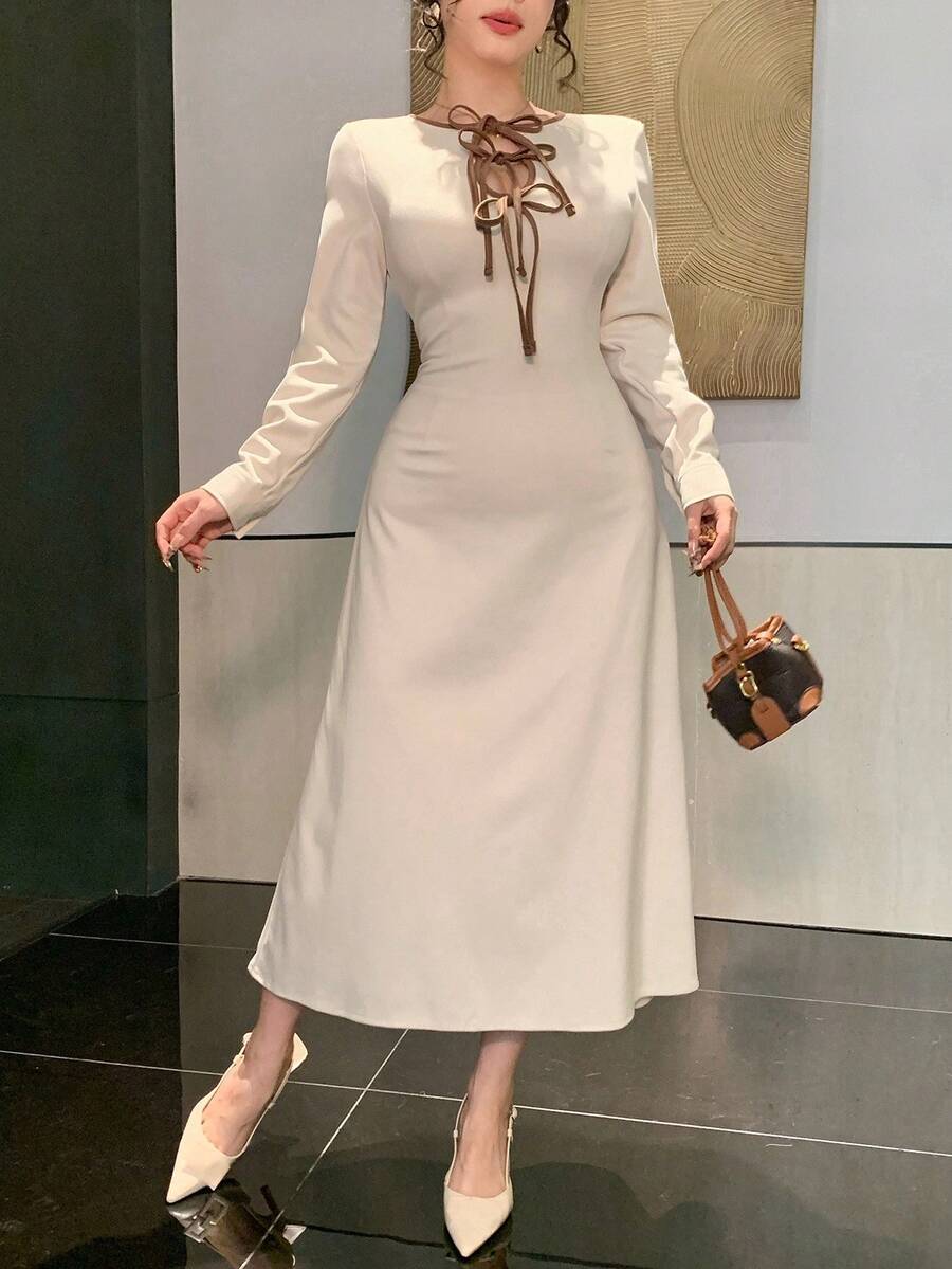 DAZY Women's Elegant Contrast Color Tie Waist Mid-Length Dress, Autumn Maxi Dress - Beige - View 1