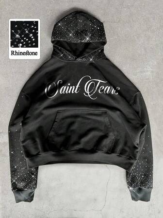 Street Life Felpa con cappuccio da uomo alla moda con stampa di lettere in strass, adatta per autunno/inverno