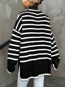 EURMUSE Black & White Striped Casual Loose Pullover Sweater, Suitable For Commuting - Black - View 2