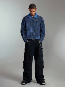 ROMWE MEN Street Life Áo khoác denim dáng rộng thoải mái có khóa kéo phía trước dành cho nam, mùa thu - Màu xanh hải quân - Xem 6