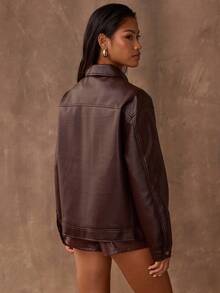 SHEIN BAE Autumn/Winter Women's Solid Color PU Leather Lychee Texture Zipper Casual Versatile Long Sleeve Jacket, Fashionable Jacket,Fall,Brown - Coffee Brown - View 2