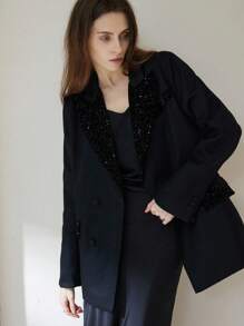 Aveloria Modichic 女士通勤时尚天鹅绒亮片拼接宽松双排扣西装外套，优雅高端休闲外套