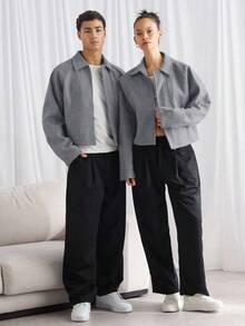 Manfinity BRENVOR 男士宽松休闲翻领长袖夹克，适合秋冬季 - 灰色 - 查看 3