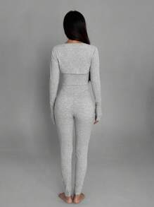 FavEase 2pcs Women's Tight-Fitting Crop Top And Skinny Jumpsuit Solid Color Workout Outfit, Fashionable Activewear Set