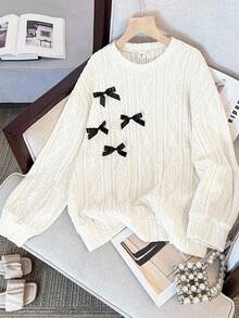 SHEIN 少女宽松休闲圆领撞色立体黑丝带蝴蝶结装饰圆领套头衫纹理面料长袖运动衫，返校，可爱，度假家庭户外春季野餐日常穿着，适合各种场合针织蝴蝶结运动衫 - 白色 - 查看 3