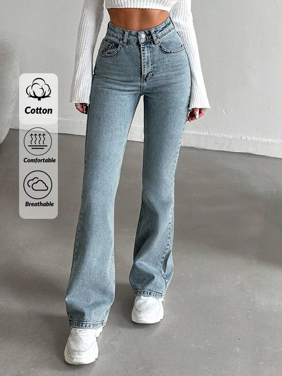 EURMUSE Jeans acampanados de algodón al 98% lavados con bolsillos en ángulo - Celeste - Ver 1