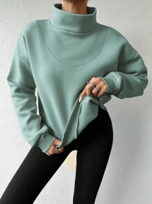 EURMUSE Cotton Solid Mock Neck Drop Shoulder Sweatshirt - Mint Green - View 4