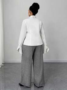 Maweii Plus Size Women 2 Pieces Set: Contrast Color Long Sleeve Shirt Collar Casual Top + Casual Pants Fall Cloth For Women