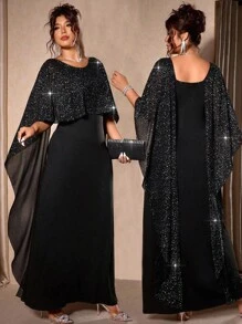Cravure Abito elegante da donna con collo rotondo, in tessuto in maglia tinta unita nera con inserti in chiffon metallizzato lucido, taglio aderente, adatto per feste, autunno/inverno, taglie comode - nero - Visualizzare 1