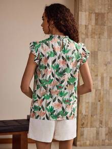 Glamance Kays Illustrations Blusa suelta informal de mujer con volantes y estampado todo sobre, blusa floral, blusa tropical, blusa de verano para mujer, blusa de volantes para salir, elegante blusa de otoño, nuevas blusas de Año Nuevo - Multicolor - Ver 3