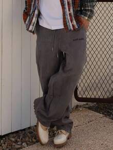 DAZY Men's Grey Suede Fabric Letter Embroidery Elastic Waist Street Style Sweatpants, Autumn, 2000s Style Men Joggers