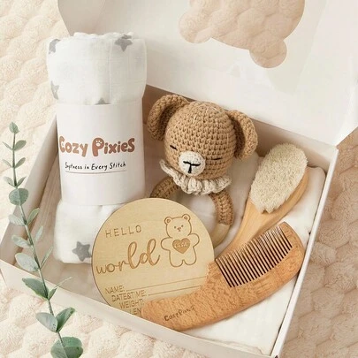 Cozy Pixies 5pcs Baby Essentials Set, Suitable For All Seasons - 1pc Star Pattern Swaddle Blanket, Comb, Brush, Teether, Newborn Cards, Newborn Gift Box Set