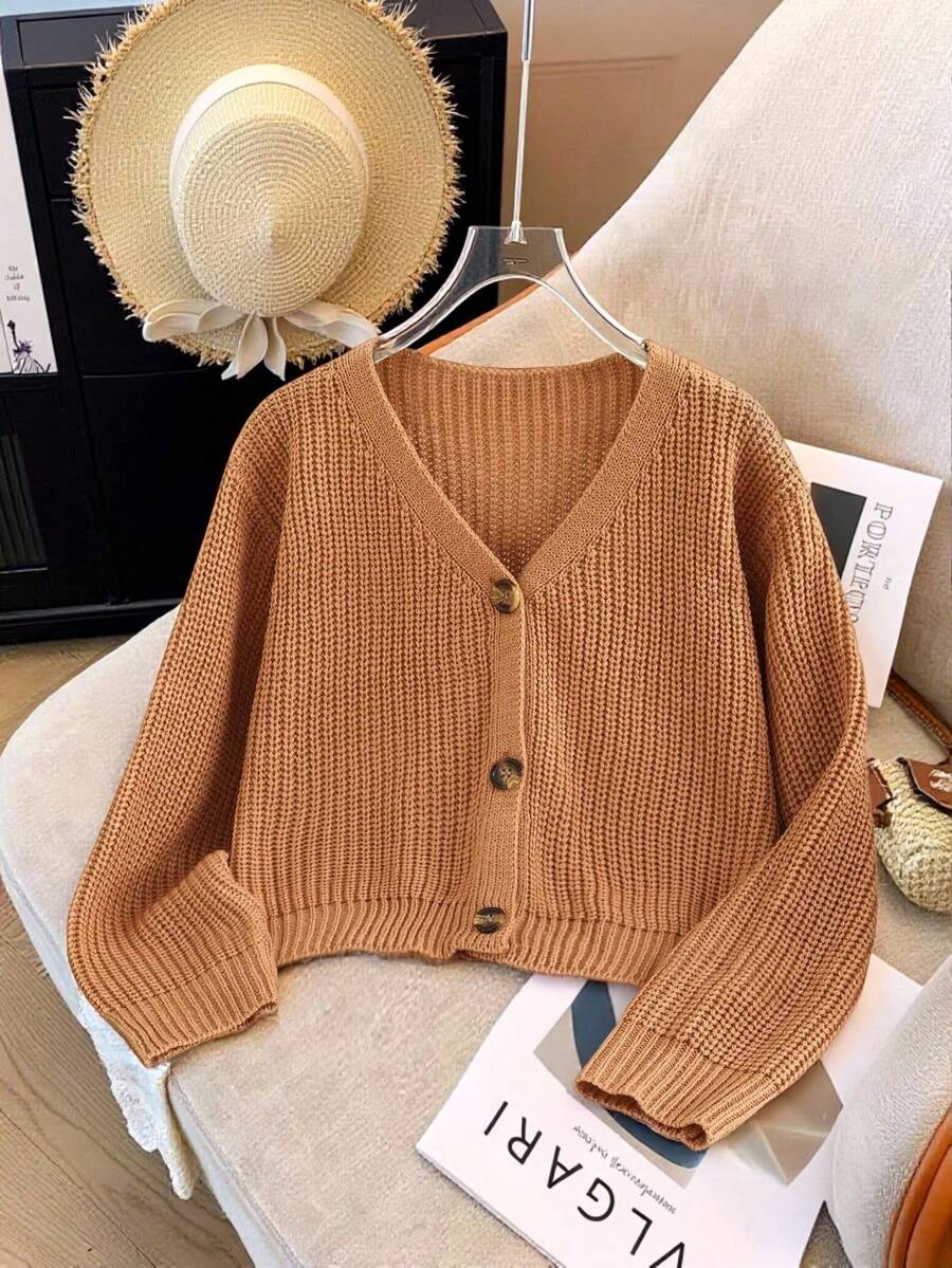 SHEIN Damen V-Ausschnitt einfarbiger Strickjacken-Pullover, dicker kurzer Strick-Top für Herbst/Winter