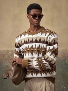 AKNOTIC Business Casual Jersey holgado de estilo callejero con patrón geométrico de bloques de color para hombre, para otoño/invierno - Café integral - Ver 5