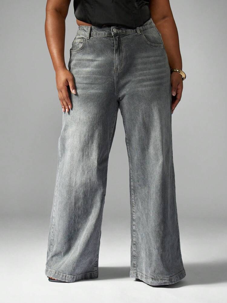 MISSGUIDED PLUS Wide Leg High Rise Grey Wash Denim Pants