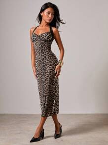 COSMINA Đầm midi bó sát họa tiết da báo buộc dây eo cho nữ, thời trang và gợi cảm - Nhiều màu - Xem 5