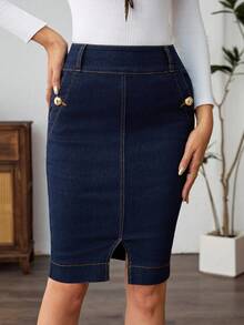 EMERY ROSE 女式修身高腰开衩下摆时尚百搭牛仔半身裙，蓝色 - 深色水洗藍 - 查看 2