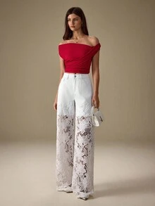 Selenza Quần Jeans Ống Rộng Phối Ren Hoa Chắp Vá Cho Nữ - trắng - Xem 6
