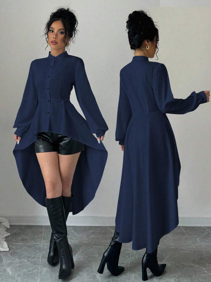 Elenzga Short Front And Long Back Stand-Up Collar Open Placket A-Line Lotus Leaf Puff Sleeves Long Sleeves Long Shirt