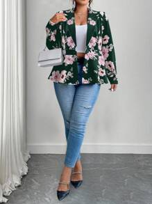 Elenzga Plus Size Floral Printed Blazer, Casual & Business Commute Fall Cloth For Women Autumn - Dark Green - View 4
