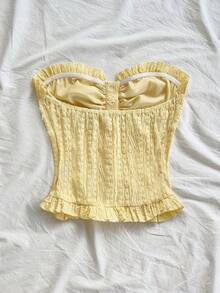 Soleia 女式浅黄色休闲纹理面料荷叶边下摆纽扣前背心，适合派对、圣诞节、约会、夜总会、波西米亚风、波西米亚风、度假、秋季 - 淡黃色 - 查看 2