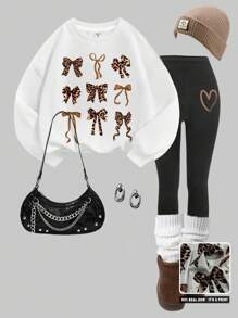 SHEIN Leap Crew Tween Girl 2 件套：蝴蝶和心形印花圆领厚运动衫和裤子休闲装，适合秋冬季 - 彩色 - 查看 1