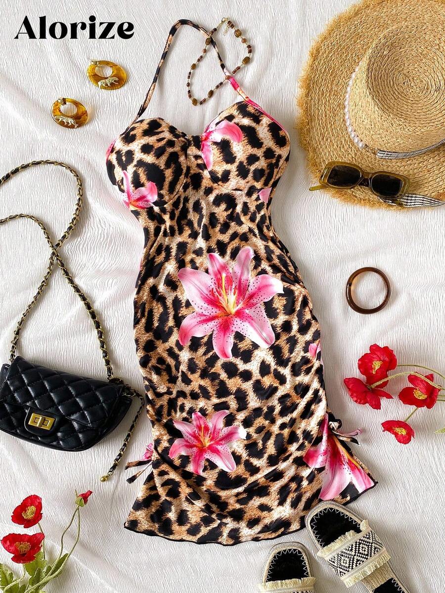 1pc Teen Girl Spaghetti Strap Snug Fit Mini Dress, Leopard & Floral Print, Casual Vacation Sundress For Summer - Brown - View 1