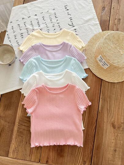 SHEIN LMoss Kids 5 件套 Babygirl 夏季可爱罗纹纯色荷叶边下摆短袖上衣，买 1 送 4