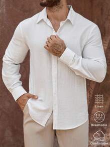 Manfinity Homme 男士成熟度假亚麻混纺长袖衬衫亚麻度假装，秋季，复古风 - 白色 - 查看 6