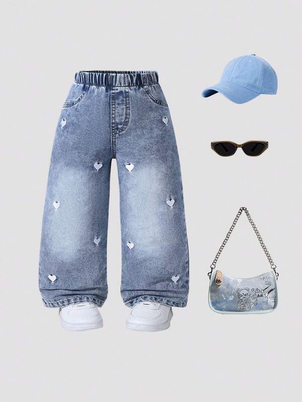Young Girls Y2K Style New Fashion White Heart Embroidered Vintage Light Wash Loose Straight Leg Jeans, Soft & Comfortable Fabric, Casual Daily Versatile, Baby & Toddler Denim Fall Winter
