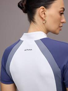 Activina Riding Tops Women Women's Contrast Color Raglan Short Sleeve Button Half Placket Equestrian Top, Horse Riding Apparel Women - Blue and White - View 5