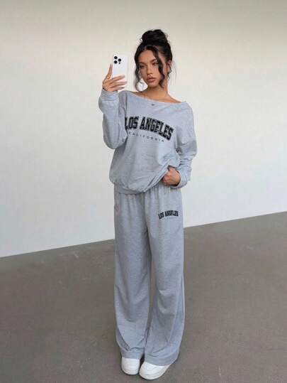 Aloruh 2 件女士休闲宽松圆领长袖 T 恤和直筒裤套装，适合秋冬季，加州印花，返校季，美式学院风