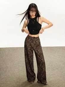 INAWLY Y2K Style Leopard Print Lace Trim Casual Pants Fall Cloth For Women - Multicolor - View 5