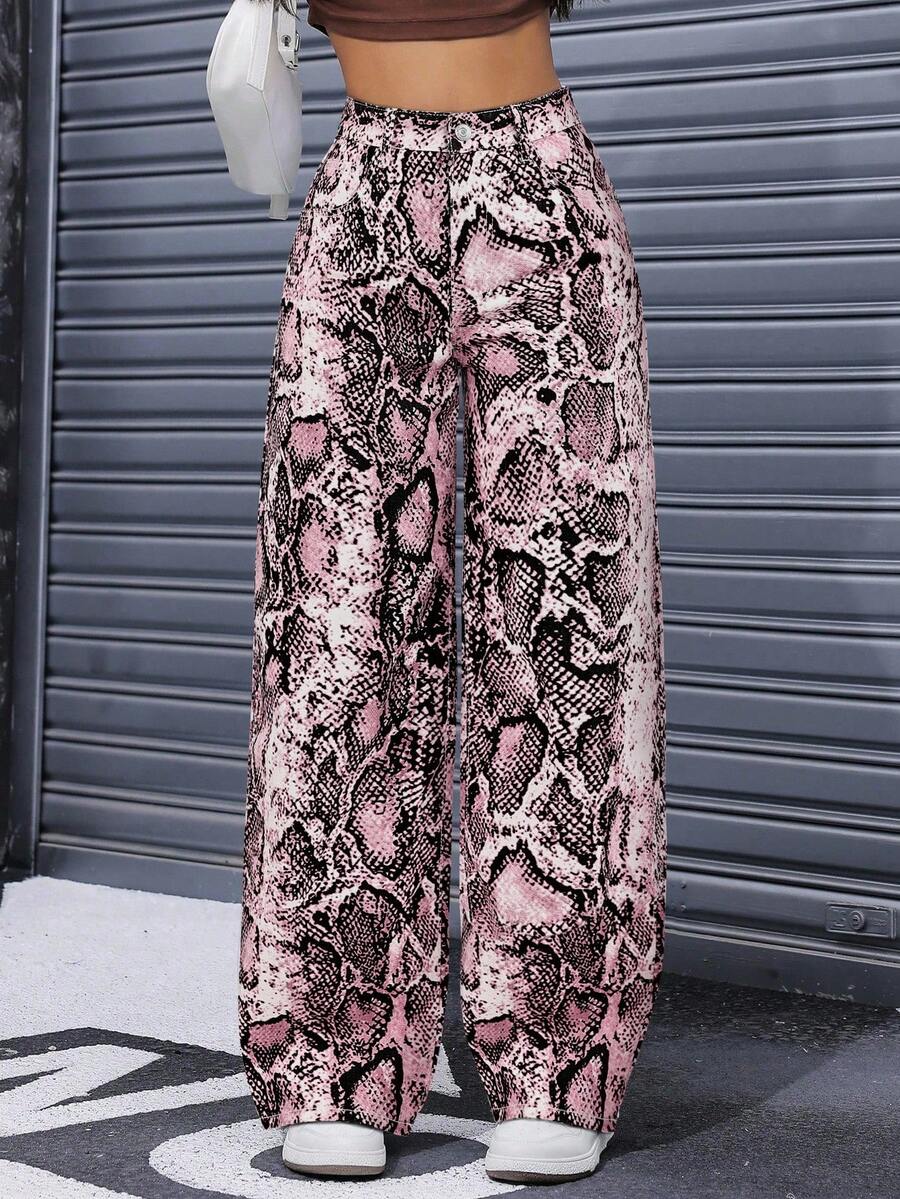 SHEIN Unity 女士高腰蛇皮印花阔腿宽松休闲牛仔裤 - 彩色 - 查看 1