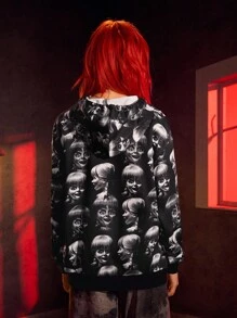 ANNABELLE x SHEIN 女式休闲深色风格全身印花落肩宽松口袋抽绳连帽衫 - 黑色 - 查看 2