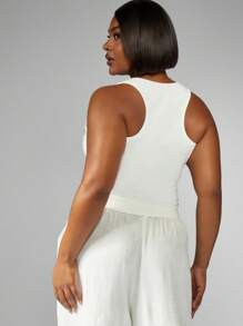 MISSGUIDED PLUS Plus Size Square Neck Crop Tank Top Sleeveless Ribbed Summer Casual Basic Fitted Essential White Cotton Blend Stretch Knit Vest - White - View 2