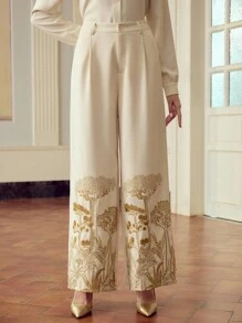ZEYLAH Embroidered Elegant Casual Straight Wide-Leg Button Women Pants Fall Cloth For Women - Apricot - View 5