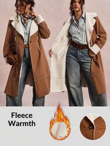 SHEIN LUNE Plus Size Women Khaki Woven Brushed Teddy Fleece Coat/Winter - Mocha Brown - View 2