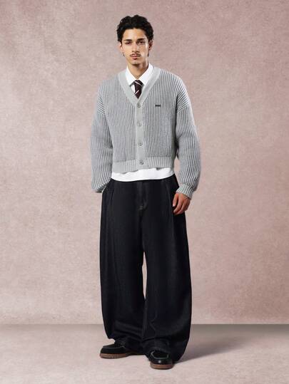 SUMWON Crop Fit Ribbed Knit Button Front Cardigan Two Tone Hem Classic Fall Winter Layer Casual Basic College Style Knitwear Preppy Fashion