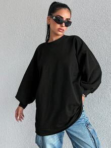 EURMUSE 100%Cotton Solid Drop Shoulder Sweatshirt Dress - Black - View 3